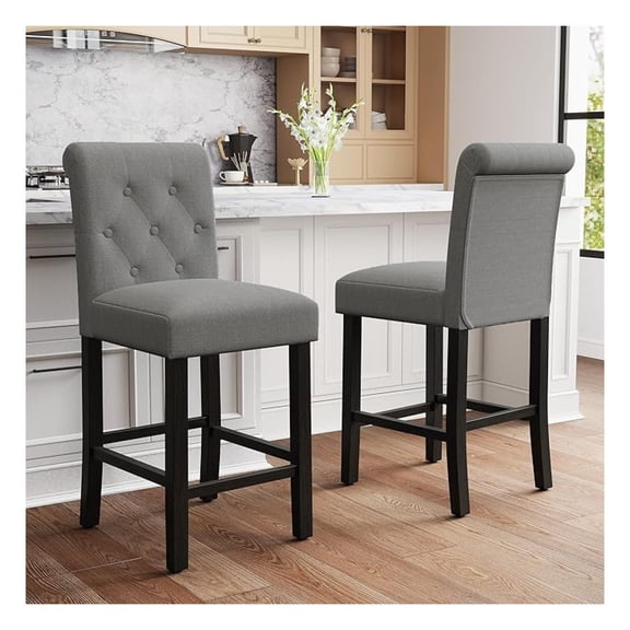 Bar Stools Set of 2, 24 Inch Counter Height Chairs, Upholstered Fabric Padded Kitchen Island Wood Barstools with Button Tufted Backrest and Solid Wood Legs, Grey