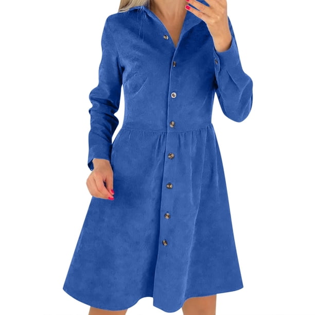 Vestido camisero de pana de manga larga para mujer: botonadura sencilla, liso, informal, falda larga