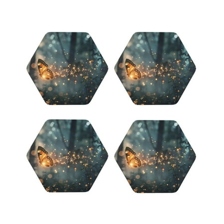 

Fuzoiu Magical Butterfly In Forest Print Leather Coasters Set Drink Coasters Set of 4 for Tabletop Protection Durable PVC Coasters Home Décor and Housewarming Gift-Hexagon