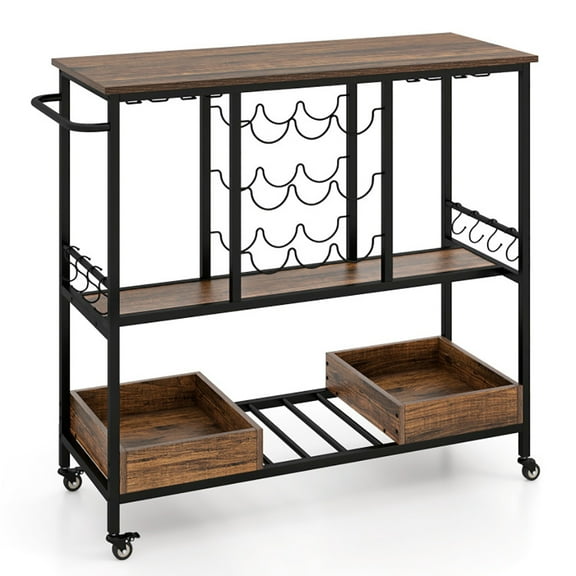 Yardi Yard 3 Tiers Bar Cart on Wheels with Glass Racks-Rustic Brown, Bakers Rack Kitchen Storage Shelf for Spices, Pots, and Pans