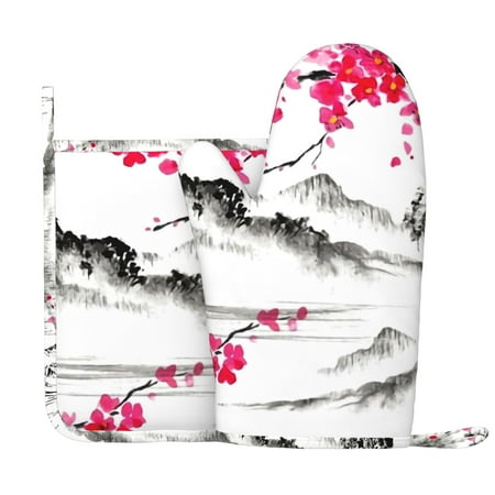 

Japanese oil painting cherry blossom sakura flower Oven Mitts Pot Holders Set Non-Slip Cooking Kitchen Gloves Washable Heat Resistant Oven Gloves for Microwave BBQ Baking Grilling
