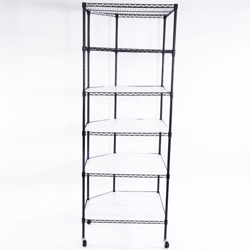 Kepooman 6 Tiers Plastic Coated Polygonal Corner Shelving with Wheels, Black Kepooman 6 Tiers Plastic Coated Polygonal Corner Shelving with Wheels, Black