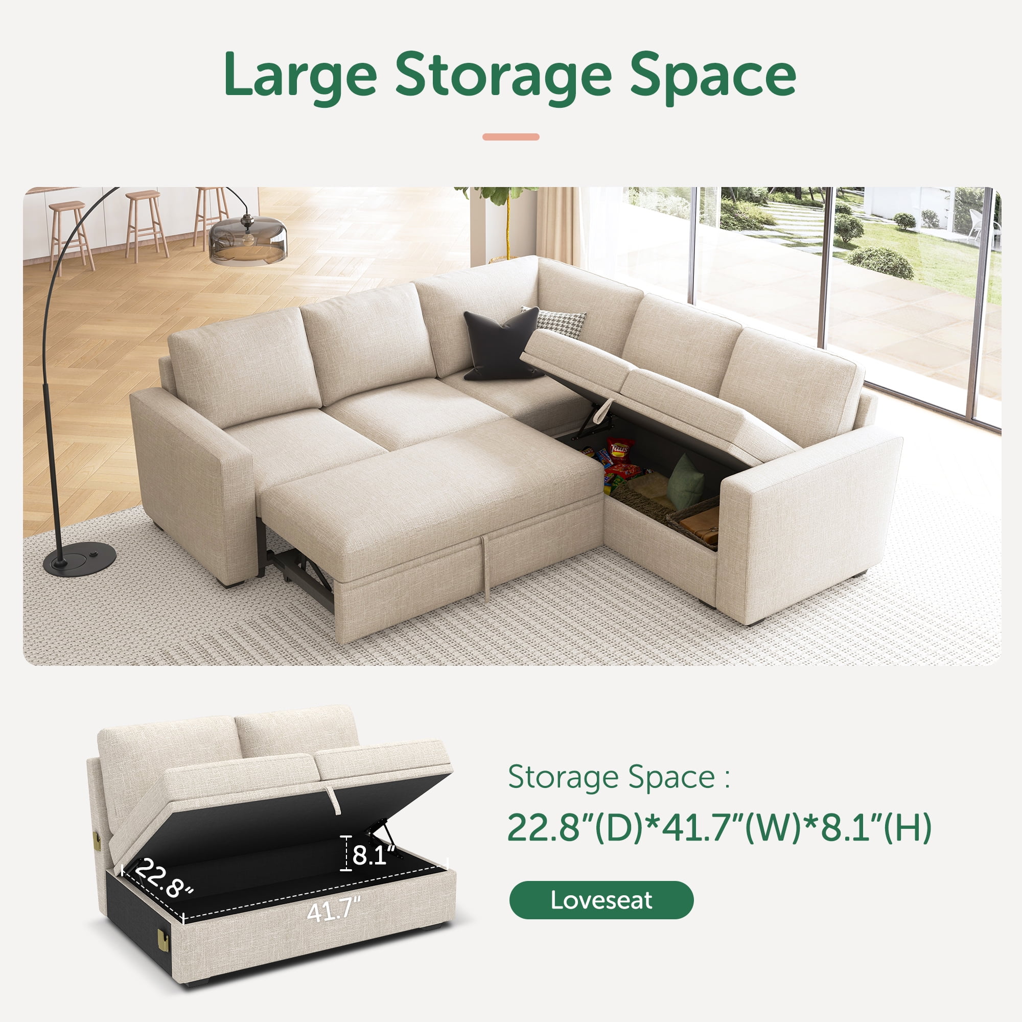 Marrber Modern L-Shaped Pull-Out Sectional Sleeper Sofa Bed with Storage for Living Room, Beige
