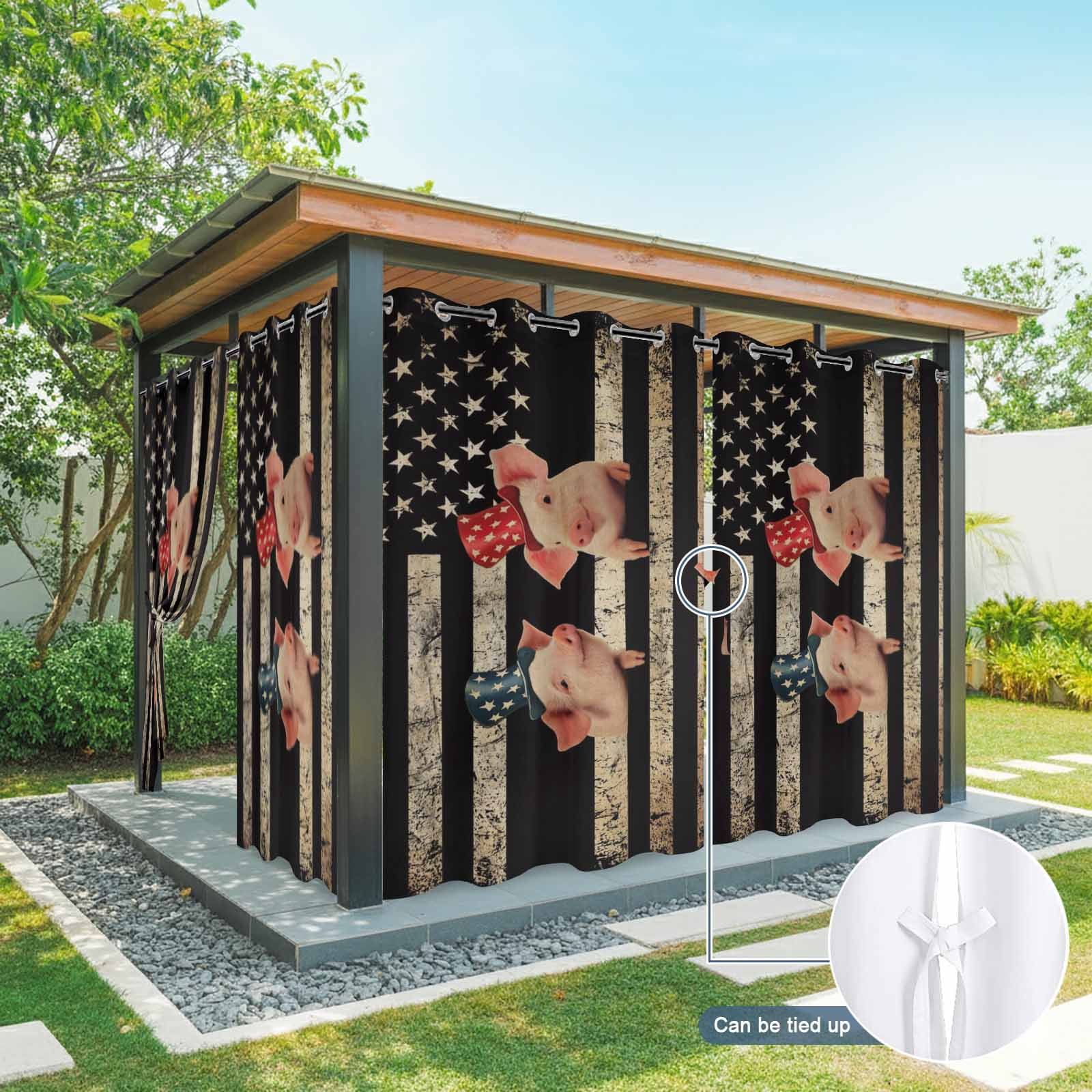 Independence Day Outdoor Curtains for Patio, Retro Five-Pointed Star U.S. Flag Farm Funny Pigs Sunshade Privacy Drapes Grommet Waterproof Outside Curtains for Porch/Cabana/Balcony 54"x 108", 1 Panel