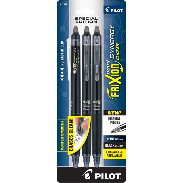 Bolígrafos de tinta de gel PILOT FriXion Synergy Clicker, 0,5 mm, paquete de 3, color negro