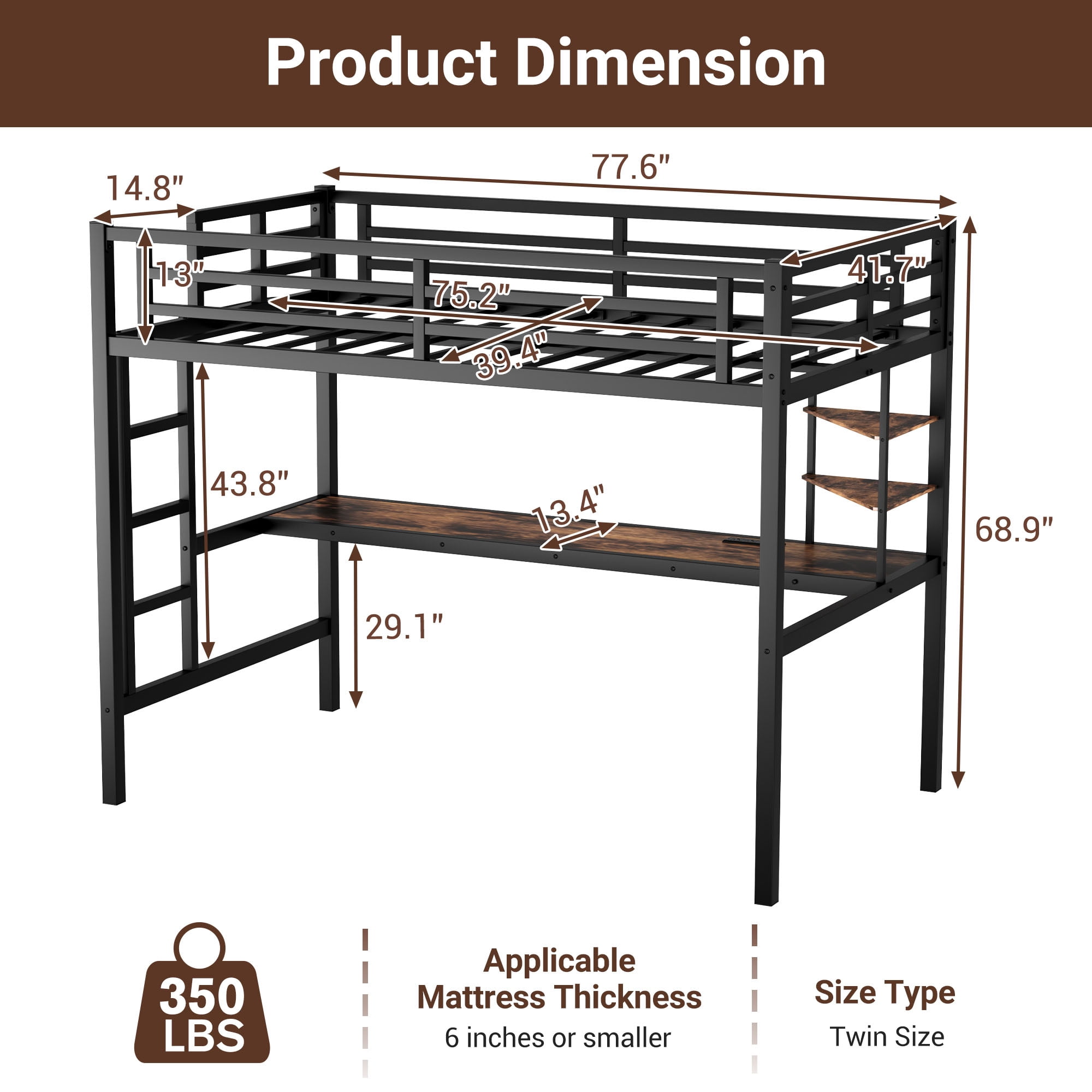 Miniyam Twin Size Loft Bed with Desk and Storage Shelves, Metal Loft Bed with Charging Station and LED Lights