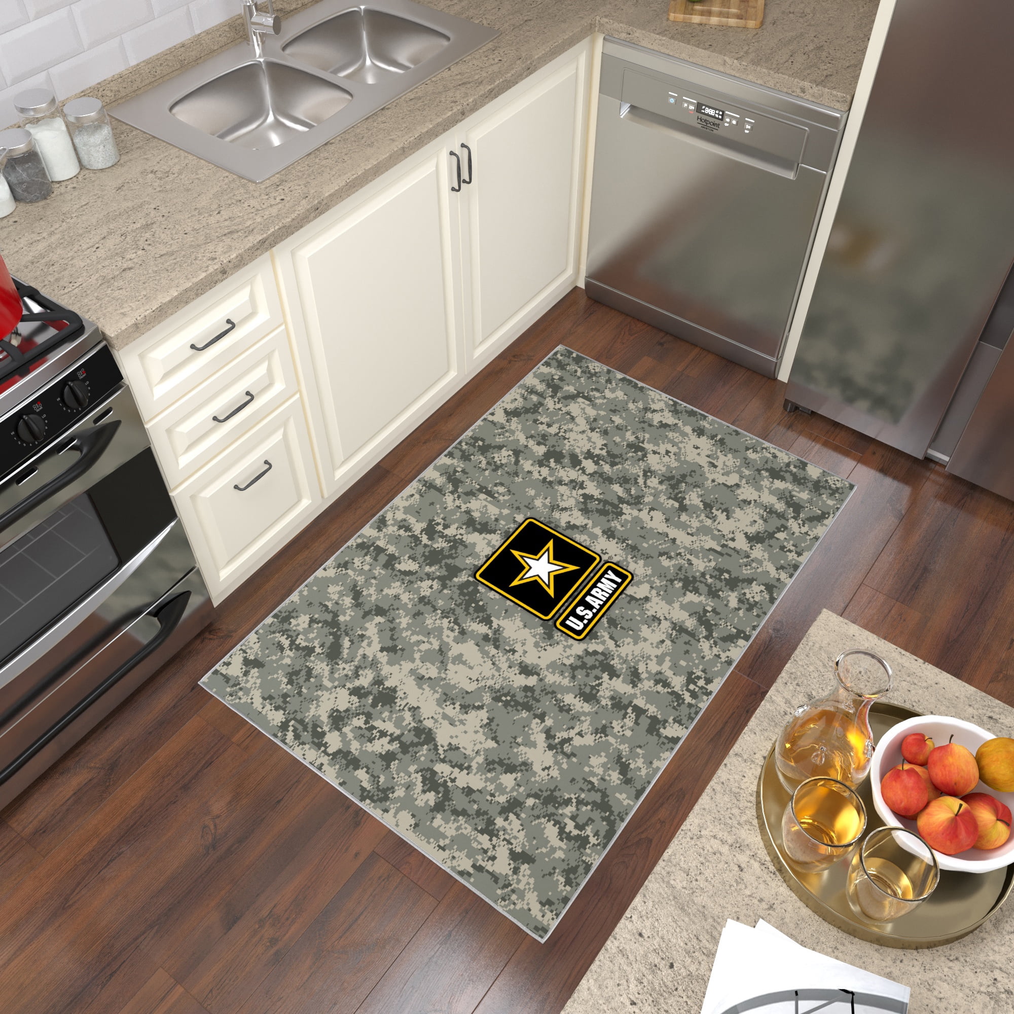Ottomanson US ARMY Logo Camouflage Non-Slip Rubberback 3x5 Machine Washable Area Rug, 3'3" x 5', Multi
