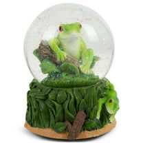 Elanze Designs Playful Green Tree Frog Tabletop Figurine Forest Hopping Log Leaves 100MM Sturdy Glitter Water Wind Up Musical Snow Globe Plays Tune Beautiful Dreamer