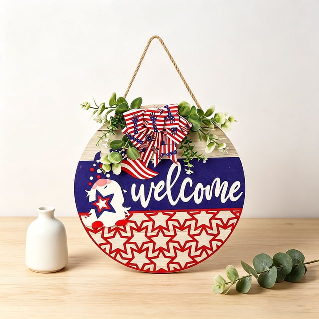 Patriotic Wooden Hanging Sign Set, Round July Independence Day Wall Decor with Hanging Cords, Multicolor, 30 cm, 8-Piece