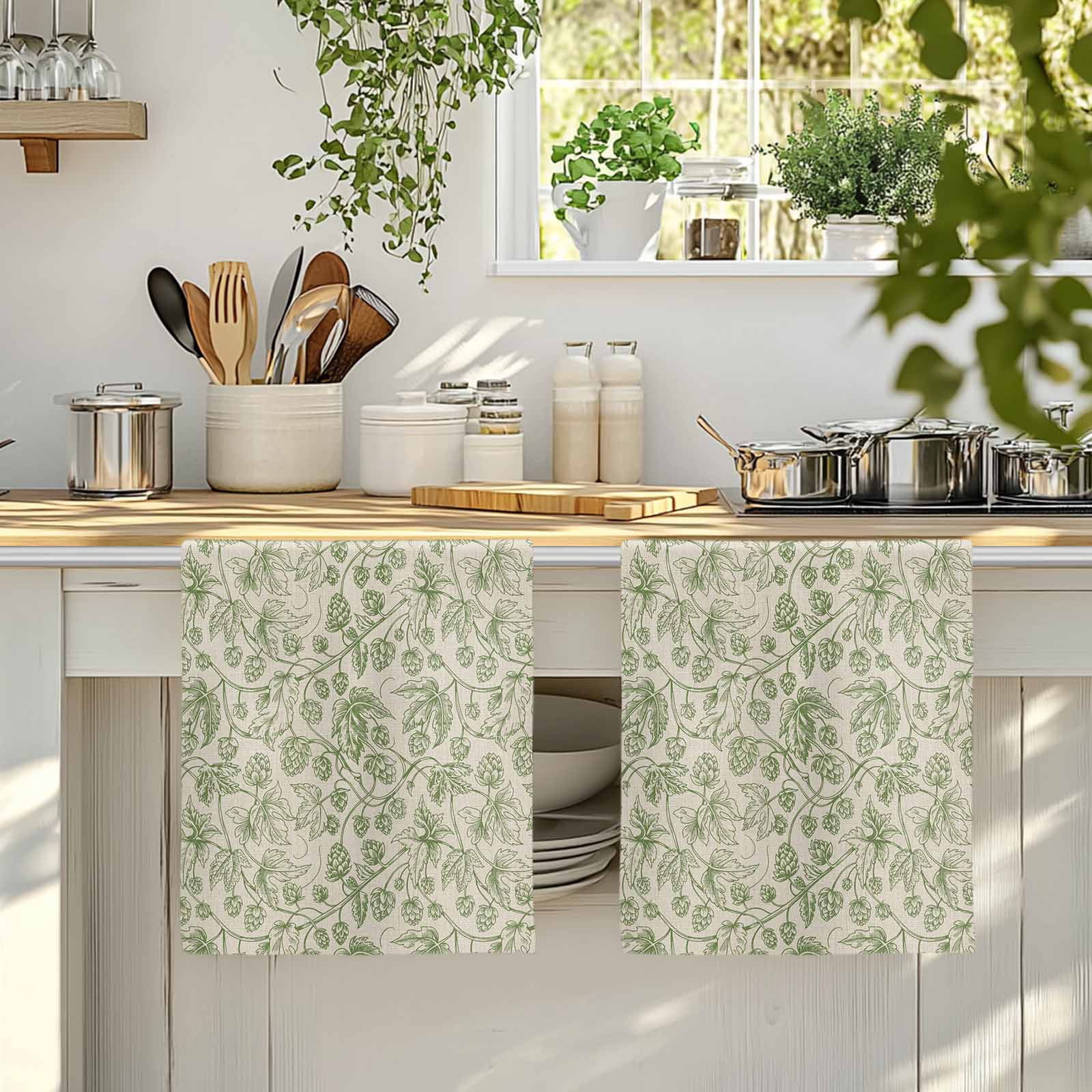 Dish Towels, Sage Green Floral Branch Absorbent Kitchen Towels 2 PCS, Vintage Flower Thread Microfiber Hand Towels Dish Cloths Tea Towels for Home&nbsp;Bathroom Cleaning Drying,18X28-Inch,