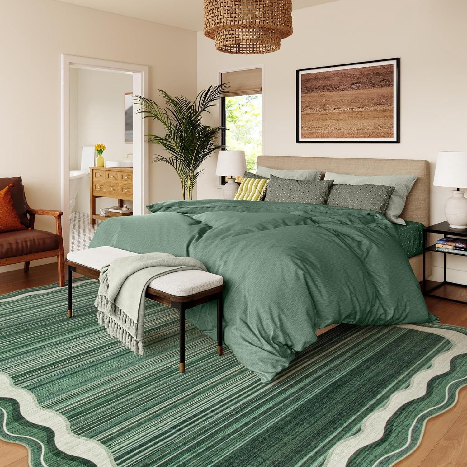 Wonnitar 8'x10' Scalloped Large Area Rug for Living Room, Washable Striped Bedroom Rug, Green Wavy Modern Rug for Dining Room, Home Office, Non Slip Soft Low Pile Stain Resistant