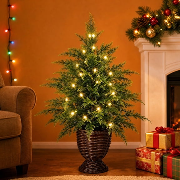 4' Pre-Lit Cypress Green Artificial Christmas Tree in Woven Basket, Lifelike Cypress Potted Tree with 100 Warm White LED Lights, Battery-Operated Twinkle Potted Tree For Home Decoration