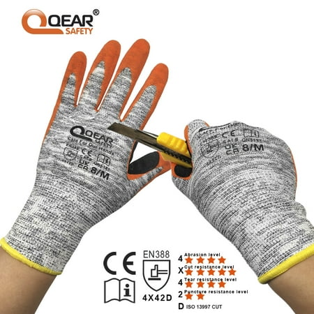 

Cut Protect Level 5 Work Safety Gloves ISO 13997 Cut D HPPE/GlassFiber Yarn Knitted Liner Palm Orange Color Sandy Nitrile Rubber Coated for Abrasion Grip and Hi-visibility