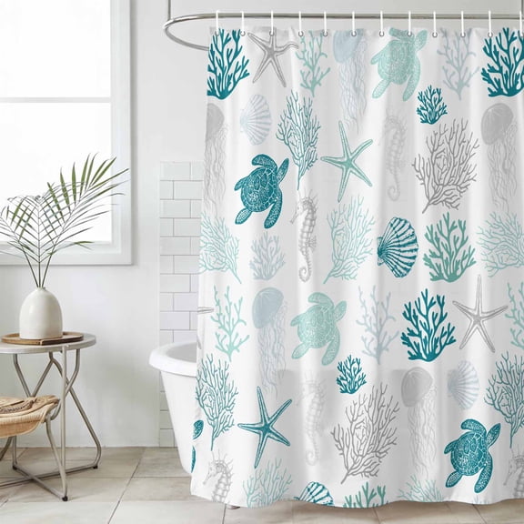 Turquoise Coastal Waterproof Shower Curtain, Large 72"x78" Washable Polyester Fabric Shower Curtains for Bathroom, Nautical Summer Beach Coral Sea Turtle Decorative Bathtub Curtain Sets with Hooks