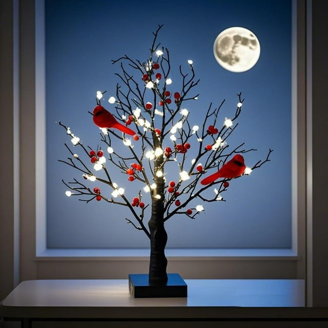 Arbre Vintage Lumineux avec Cardinaux, Mini Bouleau Blanc à LED avec Baies, Ornement de Table Lumineux avec Oiseaux Rouges pour Décoration de Noël et Exposition Saisonnière