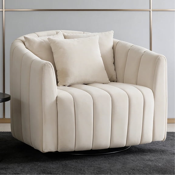 HIUU 40"Oversized Swivel Chair Beige with 3 Pillows,Velvet Swivel Accent Chairs,Big Curved Back Barrel Chair,Modern Accent Chairs for Living Room