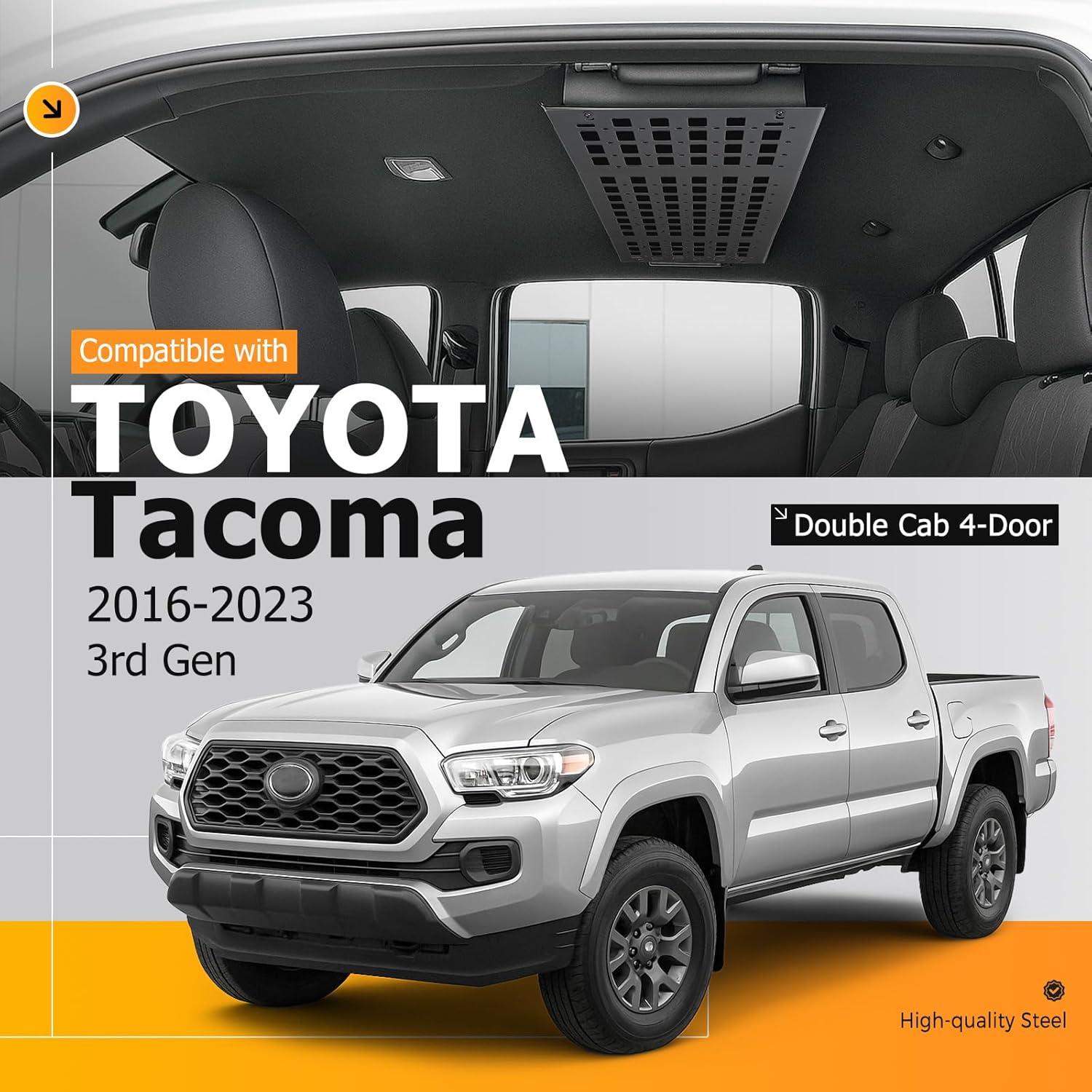 Kojem Molle Panel Roof Rack Top Storage Rack for 2016-2023 Toyota Tacoma 3rd Gen Double Cab Interior Storage Shelf Organizer Steel
