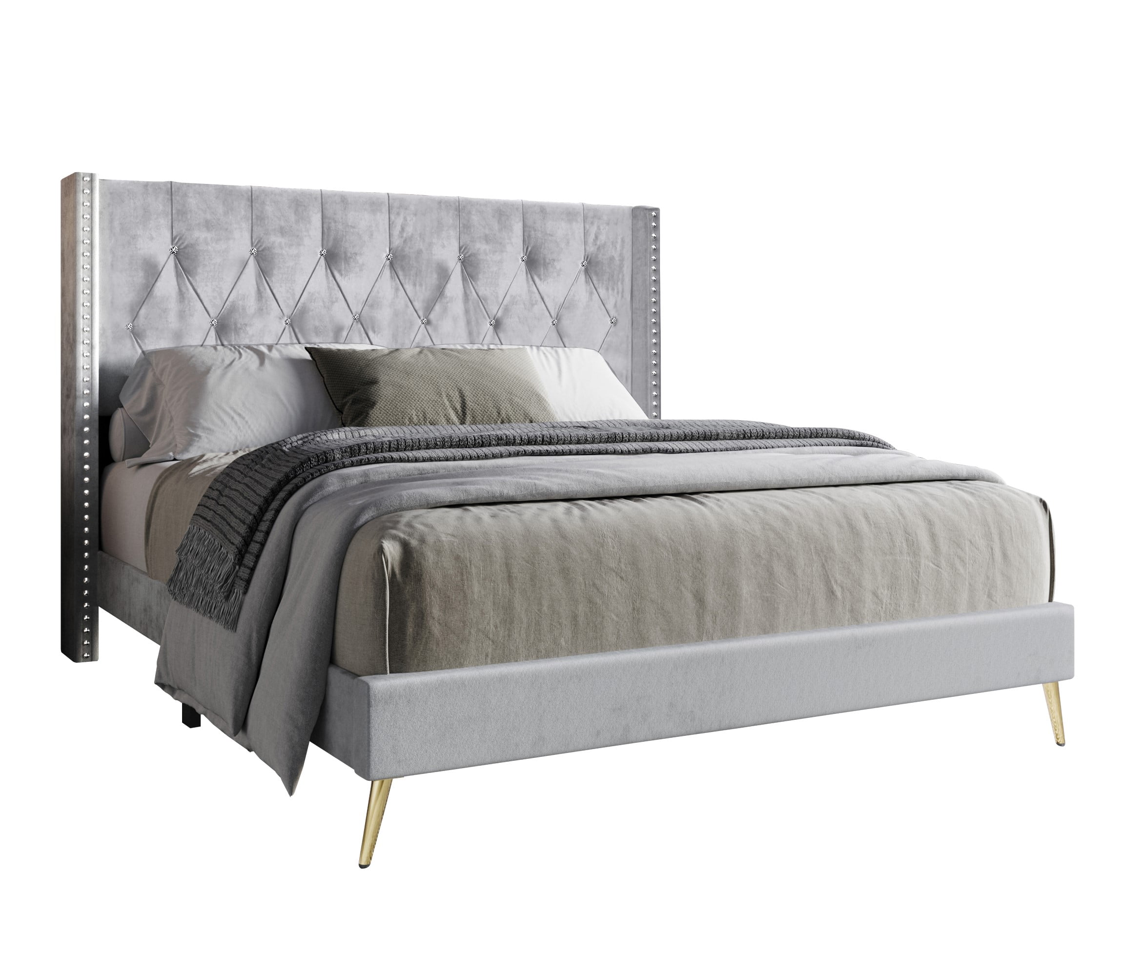 Home Design Homer Twin Diamond Tufted and Nailhead Trim Velvet Wingback Platform Bed Frame for Adult, Silver Gray, Easy Assembly