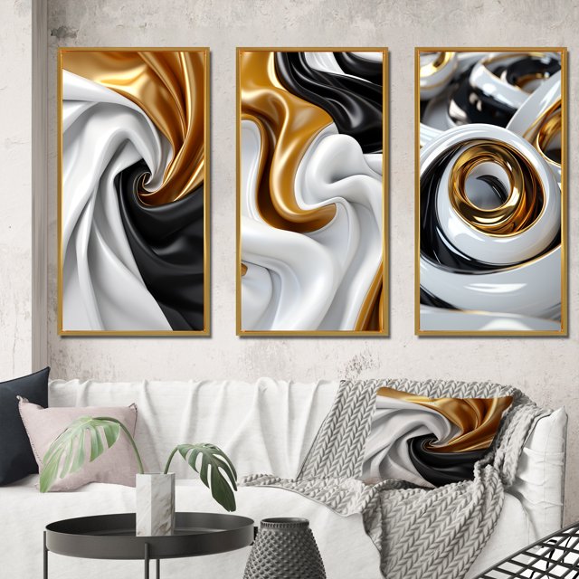 Designart "Minimalist Spiral in Liquid Gold, Black, and White" Abstract Shapes Framed Wall Art Set Of 3 - Gold Transitional Frame Gallery Wall Set For Home Decor