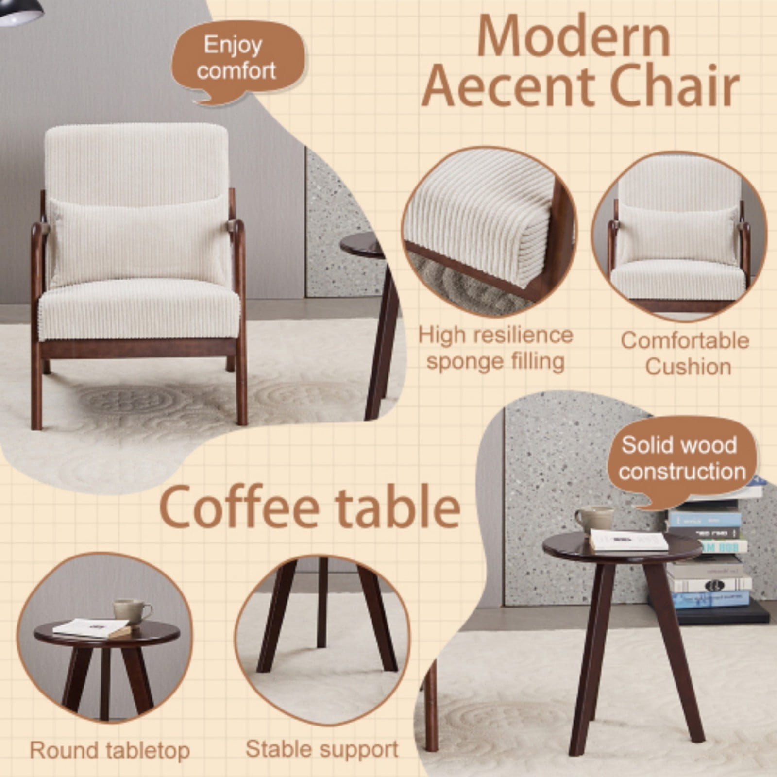 Mid-Century Modern Accent Chair, Upholstered Reading Arm Chair with Pillow, Solid Wood Frame Living Room Chair for Bedroom Balcony, White