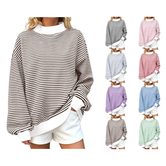 Nugftut Sweatshirts for Women Plus Size Striped Pullover Tops Oversized Round Neck Long Sleeve Turtleneck Sweatshirts