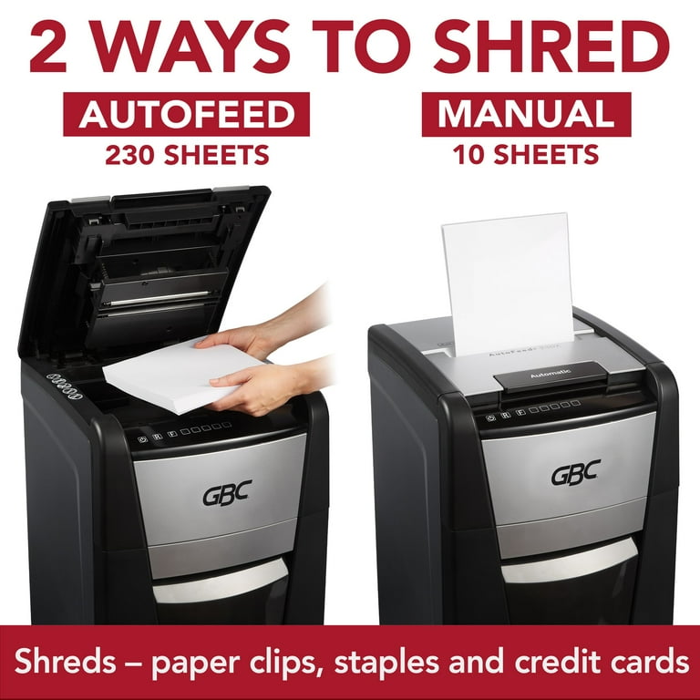 GBC AutoFeed+ Small Office Shredder, 230X, Super Cross-Cut, 230 Sheets - Continuous Shredder - Super Cross Cut - 10 Per Pass - for shredding Credit Card, Paper Clip, Staples, Paper - P-4 - 30 Minute Run Time - 16 gal Wastebin Capacity - Black