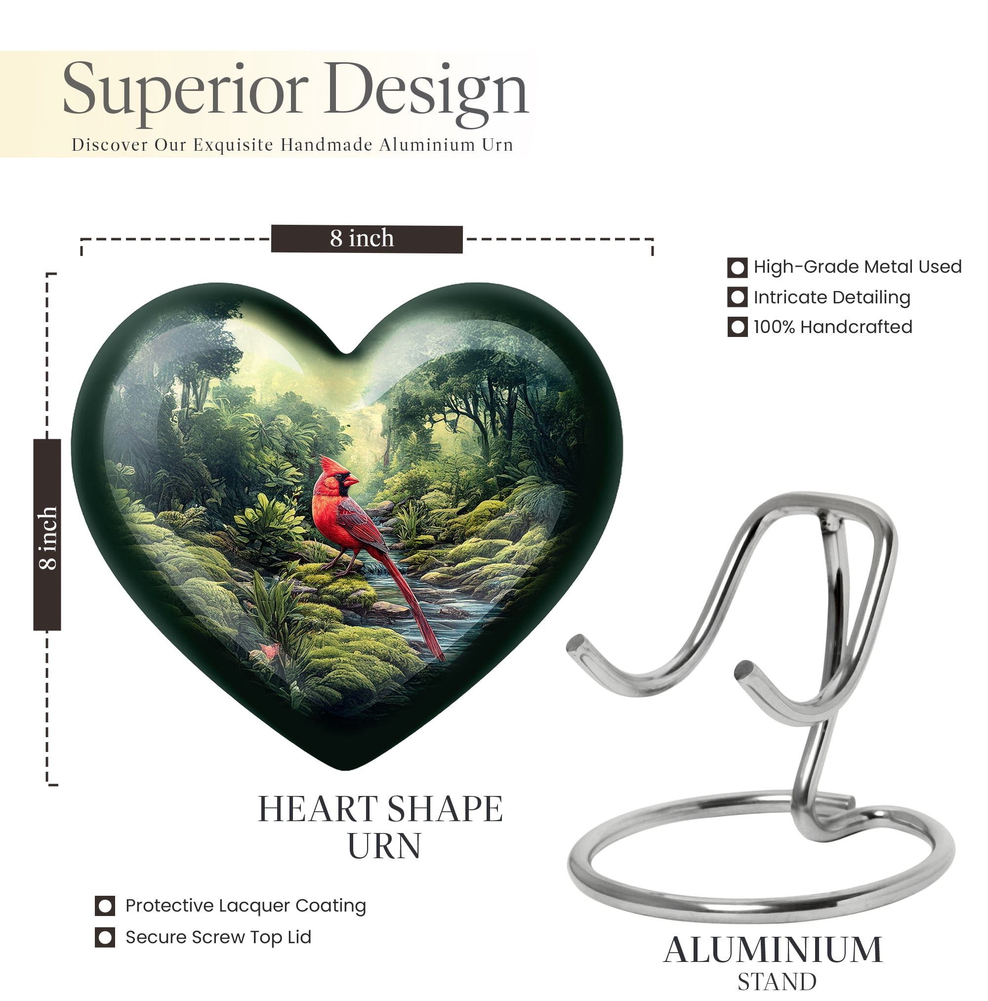 MUKTIVE Red Cardinal Urns for Human Ashes Adult Man & Women - Bird Cremation Urns for Human Ashes - Green Funeral Urn for Burial - Large Heart Urn for Mom & Dad - 8 Inch