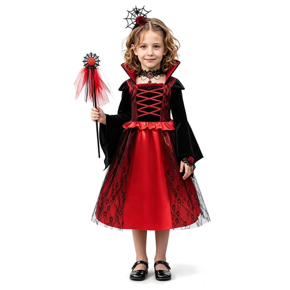 Virmaxy Toddler Halloween Costume Vampire Dress Red Black Lace Tulle Bell Sleeve with 4 Piece Accessories Set Wand Necklace Bracelet Headband for Party 3T-9T, Red