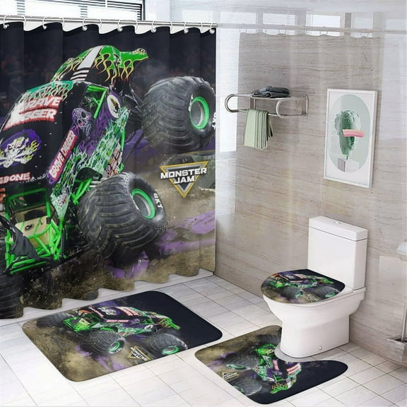 Monster Trucks Jam 4 Pcs Shower Curtain Sets Non-Slip Rugs Bath Mat Toilet Cover U Shaped Mat for Bathroom Decor Mats