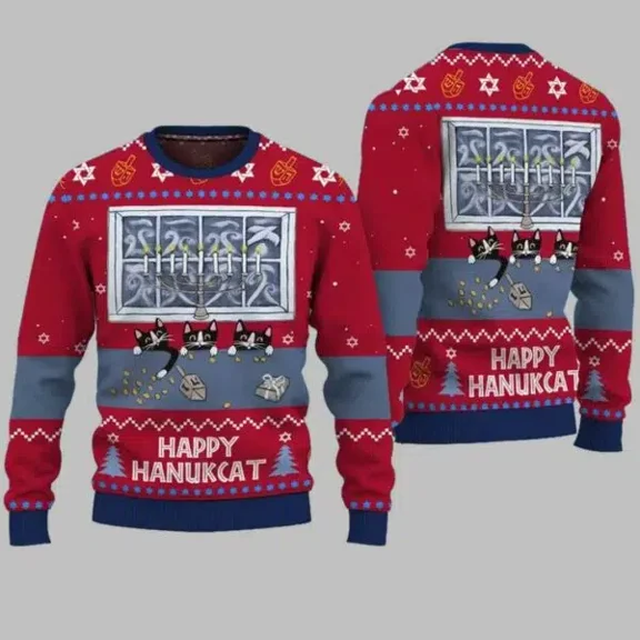 Happy Hanukcat Hanukkah Christmas 3D Sweater