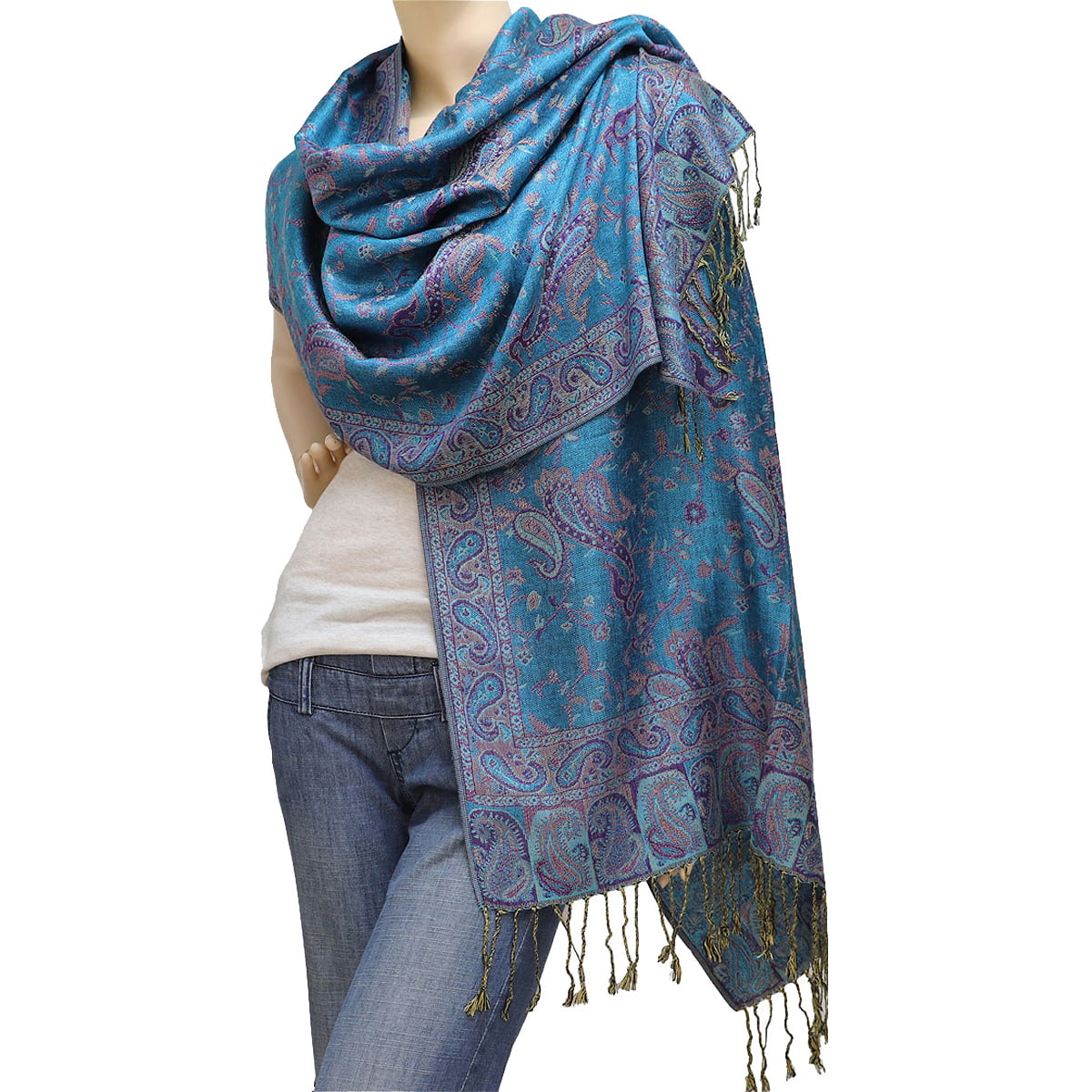 Accessories, Pashmina Wool Cashmere Silk Blend Scarf Wrap Paisley Pattern  Blue Taupe 27x 68