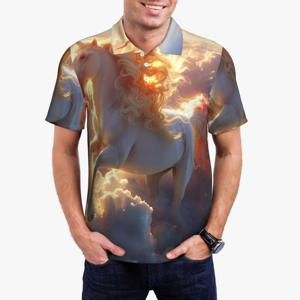 Fotbe Rainbow Cloud White Horse Camiseta Polo de Golf para Hombre con Estampado – Camisa Deportiva Transpirable con Cuello Abotonado-XX-Large