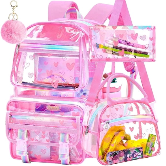 3PCS Clear Backpack Heavy Duty, Girls See Through School Bag Set, Cute Transparent Bookbag for Women - Heart Love Pink