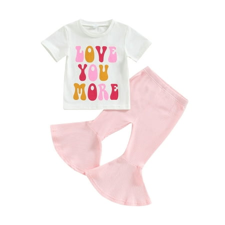 

Toddler Kid Girls Pants Set Short Sleeve Crew Neck Letters Print T-shirt Elastic Waist Flare Pants