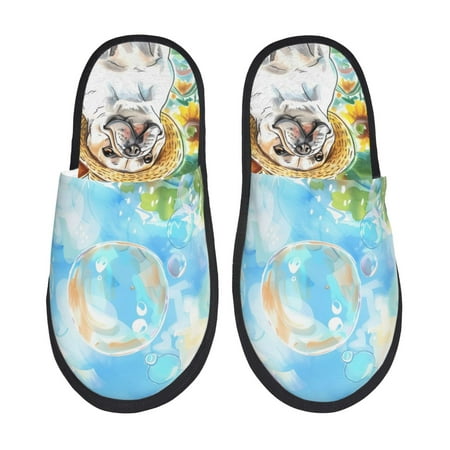 Balery French Bulldog Sunflowers Bubbles Slient Indoor Furry Fleece Comfort House Shoes Soft Non-Slip Home Shoes Cotton slippers House Slippers-- Large