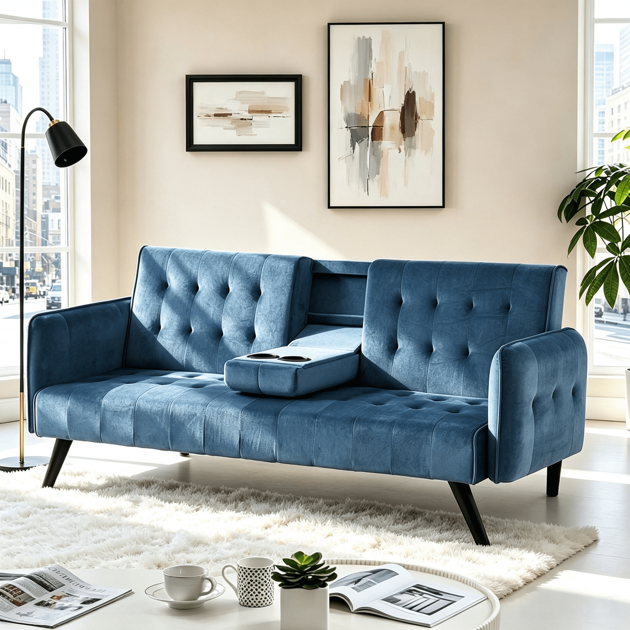 Gewnee 72" Convertible Sofa Bed,Tufted Velvet 3‑Seater Folding Futon Sleeper Couch with Cup Holders,Modern Couch for Home and Guest Room，Blue