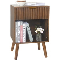 Mid Century Modern Nightstand, Wood Bedside Table with Drawer and Opening Storage, End Table Living Room Fluted Night Stand with Solid Wood Legs for Bedroom (Rustic Brown)