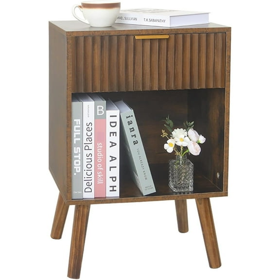 Mid Century Modern Nightstand, Wood Bedside Table with Drawer and Opening Storage, End Table Living Room Fluted Night Stand with Solid Wood Legs for Bedroom (Rustic Brown)