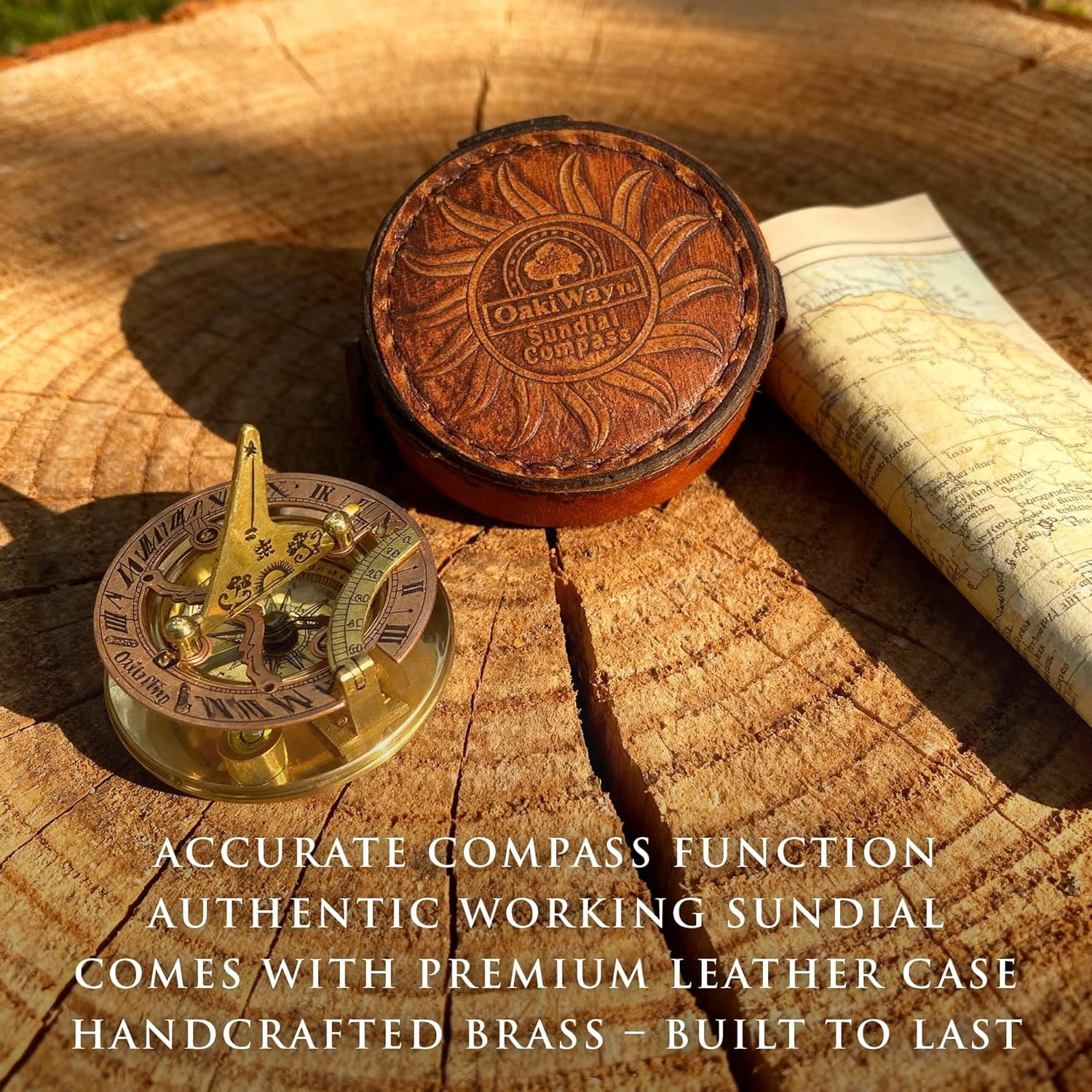 OakiWay Brass Sundial Compass in Leather Case - Nautical Gifts for Men, Antique Sailing Anniversary Gadget for Him, Pocket Watch Clock (2.7" Inch)