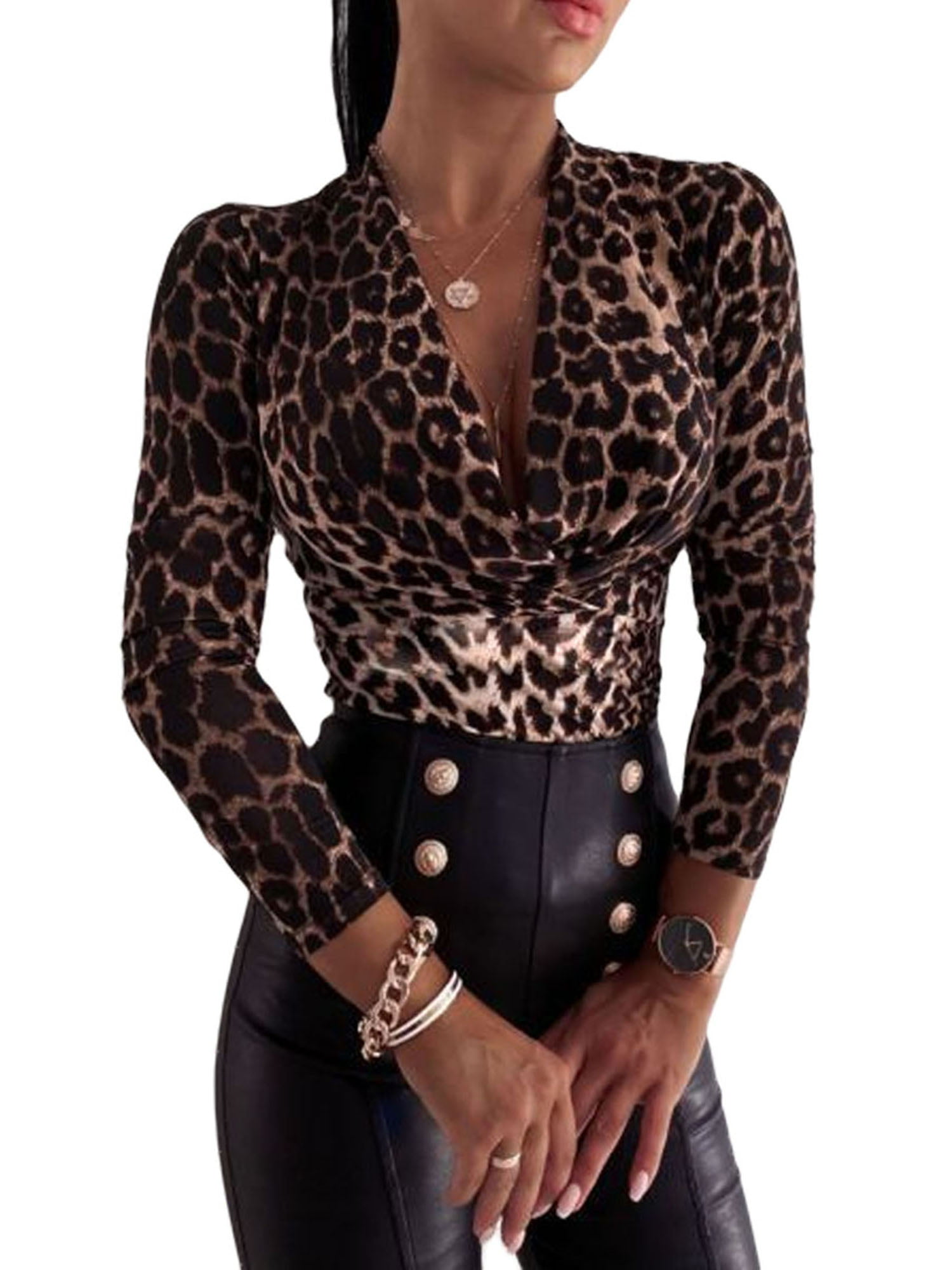 Damen Slim Bodysuit Leopard Snake Print Jumpsuit V Neck Romper Casual Trikot
