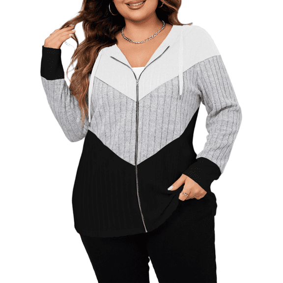 Mengpipi Women's Striped Color Block Hooded Cardigan Plus Size Loose Fit Casual Outwear 1X-4X