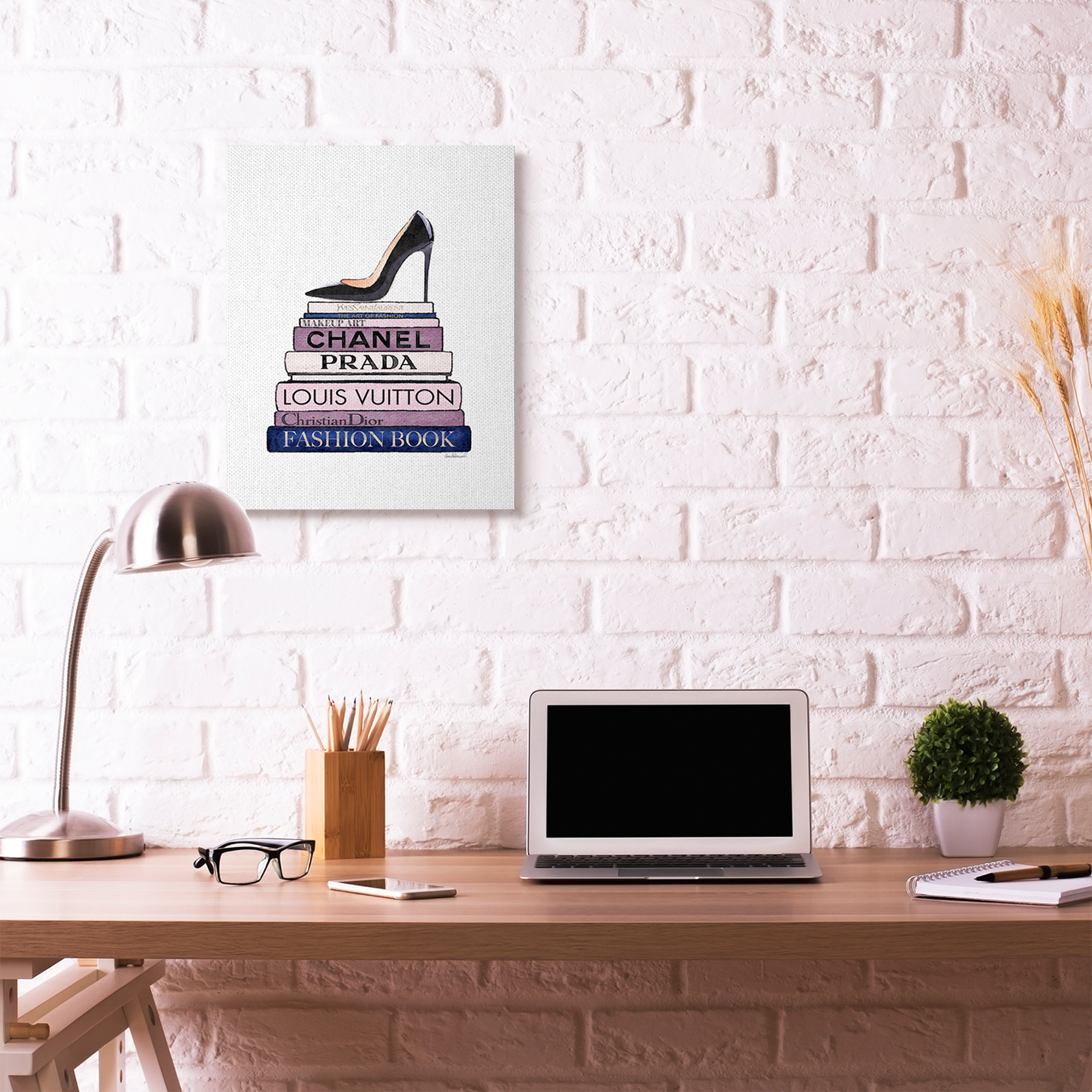 Stupell Industries Fashion Designer Shoes Bookstack Blue Purple Watercolor Canvas Wall Art by Amanda Greenwood