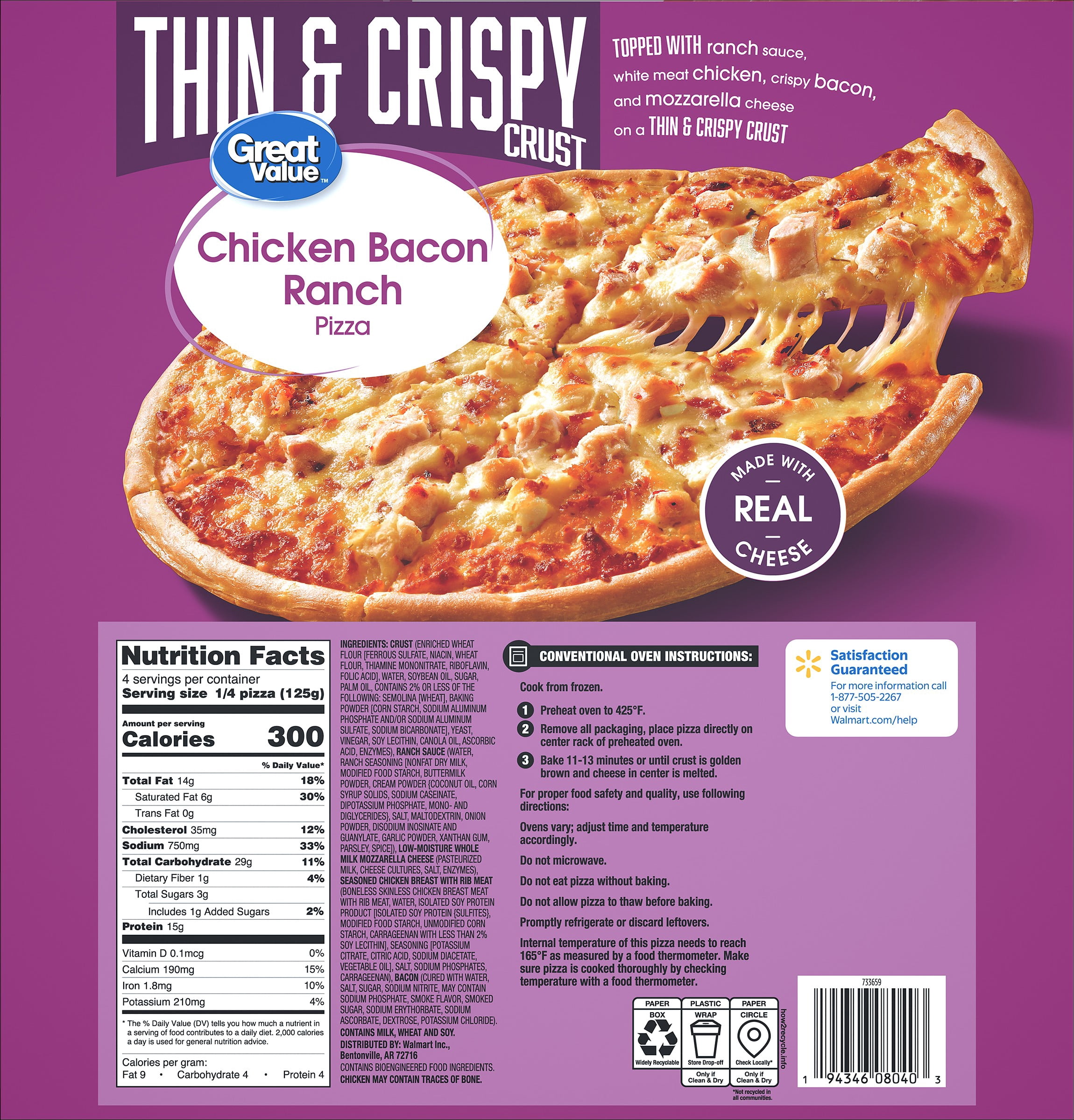 Great Value Thin Crust Chicken Bacon Ranch, 17.55 oz (Frozen)