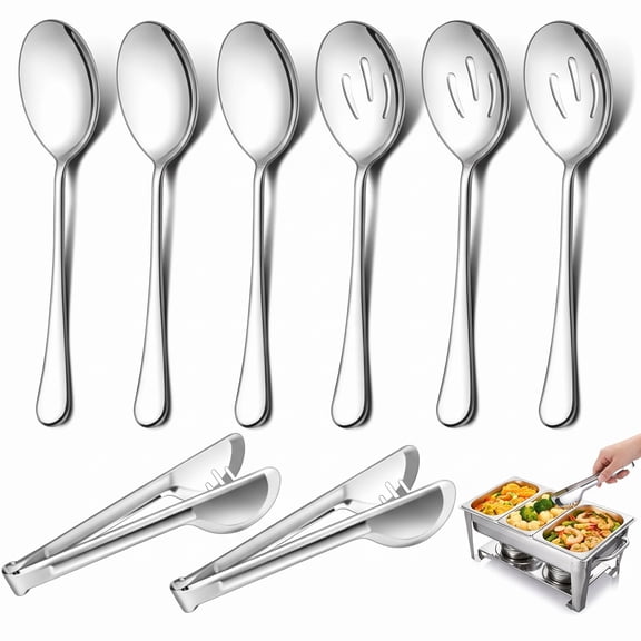 9Pcs Serving Utensils Set, 8.9 inch Stainless Steel Silver Buffet Banquet Catering Serving Spoons Tongs Set, , Mirror Polished, Dishwasher Safe