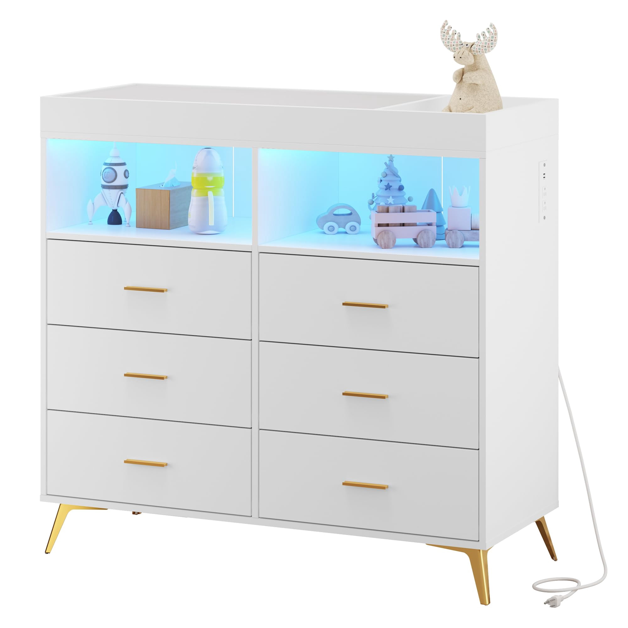 TROPOW Dresser for Bedroom with LED Lights and Power Outlet, Baby Changing Table Dresser with 6 Drawers, 2 Open Storage Shelves, Baby Dresser with Changing Table Top,White