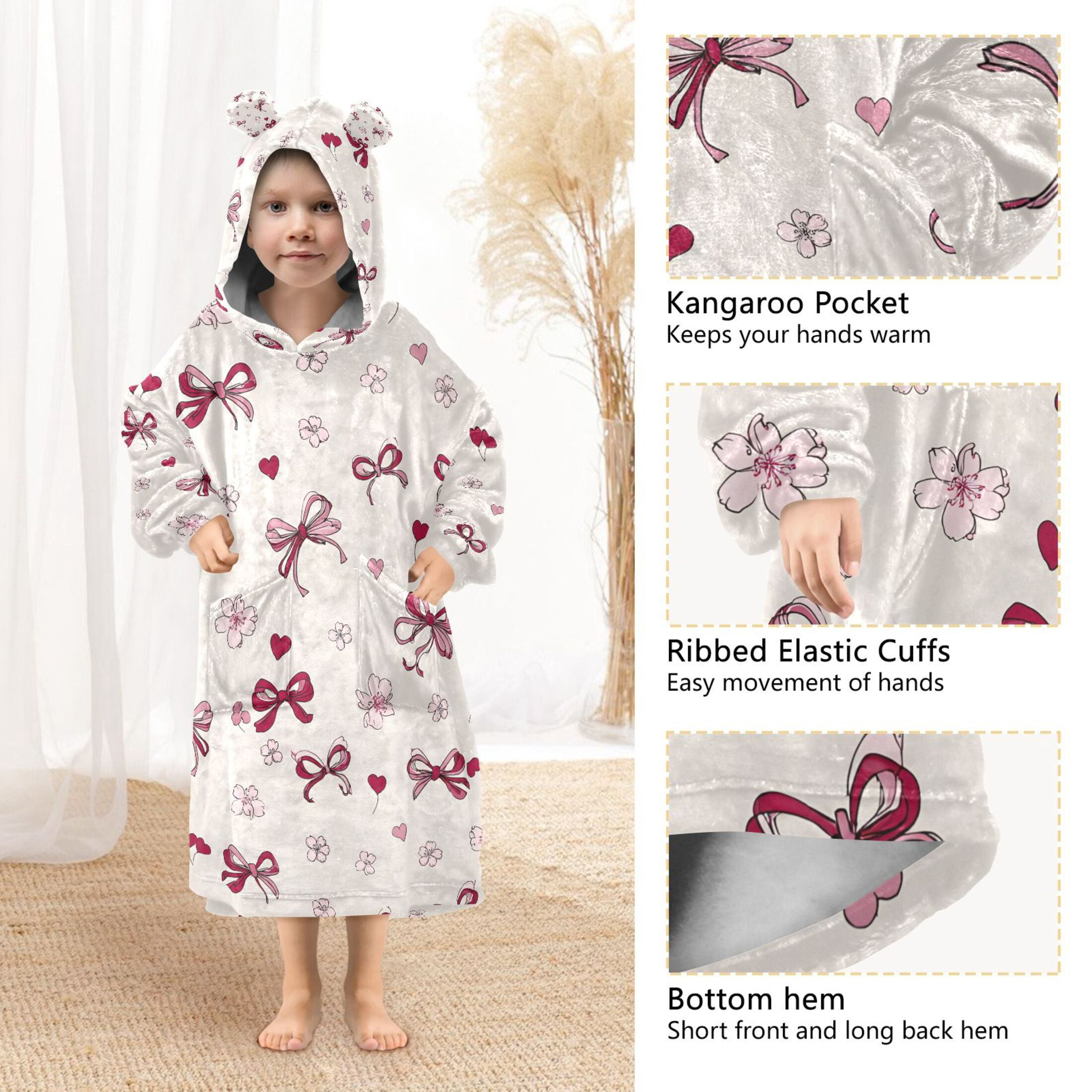 joogoo Blanket Hoodie for Art Bows Hearts Oversize Sweatshirt 3-14 YR L
