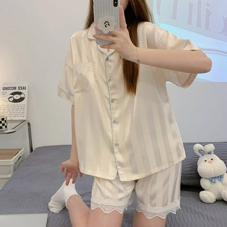 

PIKADINGNIS Printing summer WAVMIT Short Sleeve Silk Pajamas Set Two Pieces Set Women Sleepwear Sexy Nightwear for Women Sleeping set