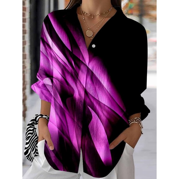 Women's Abstract Print Long Sleeve Button Down Shirt, Purple
