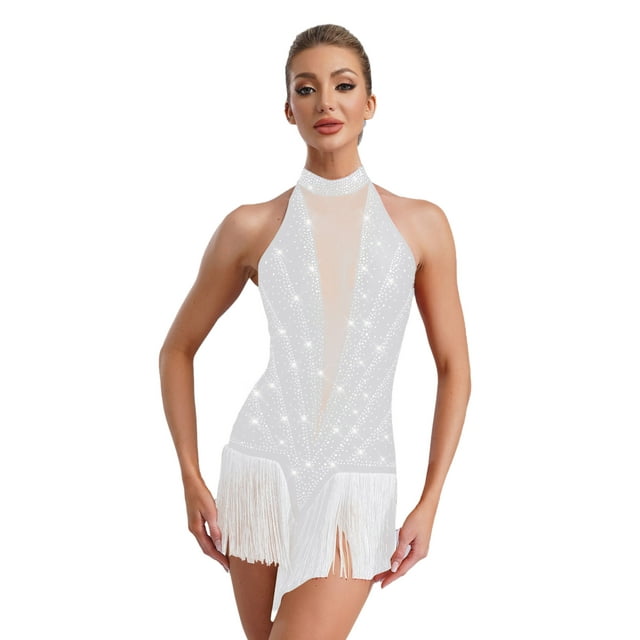 RUNQHUI Robe de Danse de Salon Sans Manches à Franges Brillantes Salsa Tango Col en V Lycée Jazz Blanche TTG