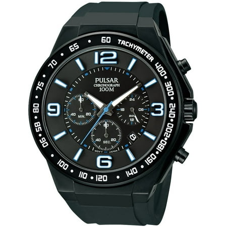 Pulsar Mens Chronograph Stainless Watch - Black Rubber Strap - Black Dial - PT3405